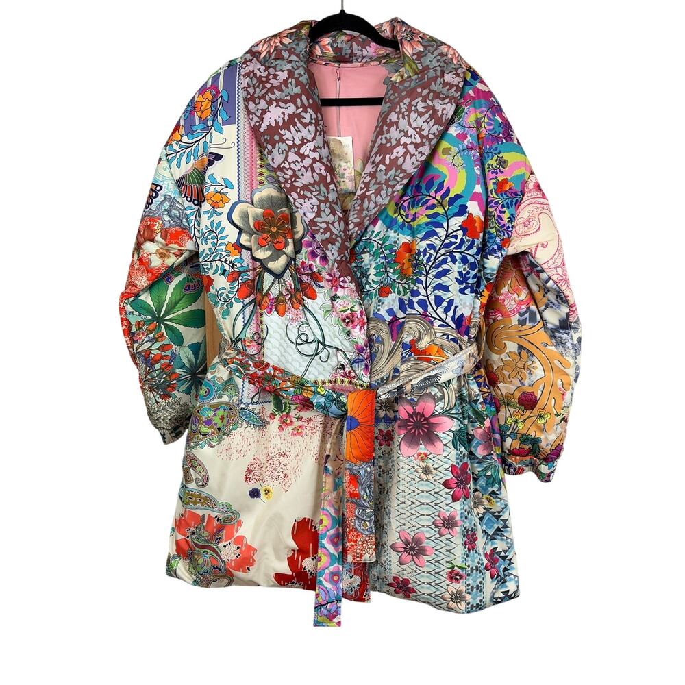 NWT Johnny Was Multicolored Puffy Belted Snap Up Coat Down Filled Size XL